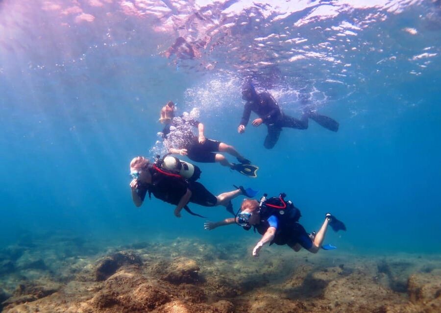Scuba Diving Beginners/Experts Pefkos Lindos Rhodes Greece - Sea grass, rock overhangs, and sandy patches